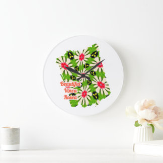 Reloj Redondo Grande Patrón de flores rosadas y blancas
