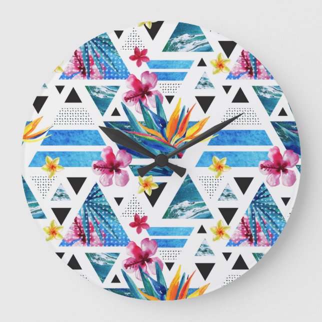 Reloj Redondo Grande Patrón de flores tropicales geométricas (Anverso)
