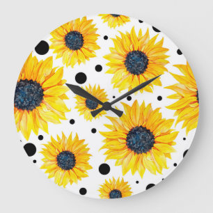 Reloj Redondo Grande Patrón de fondo blanco de girasoles amarillos