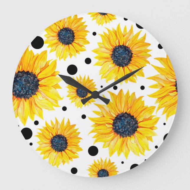 Reloj Redondo Grande Patrón de fondo blanco de girasoles amarillos (Anverso)