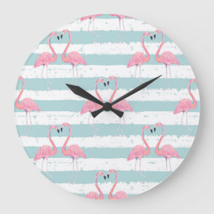 Reloj Redondo Grande Patrón de fondo rayado Flamingo exótico