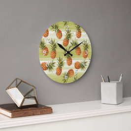Reloj Redondo Grande Patrón de Fruta de Piña Tropical Verde Naranja