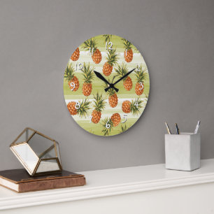 Reloj Redondo Grande Patrón de Fruta de Piña Tropical Verde Naranja
