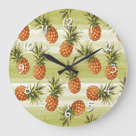 Reloj Redondo Grande Patrón de Fruta de Piña Tropical Verde Naranja