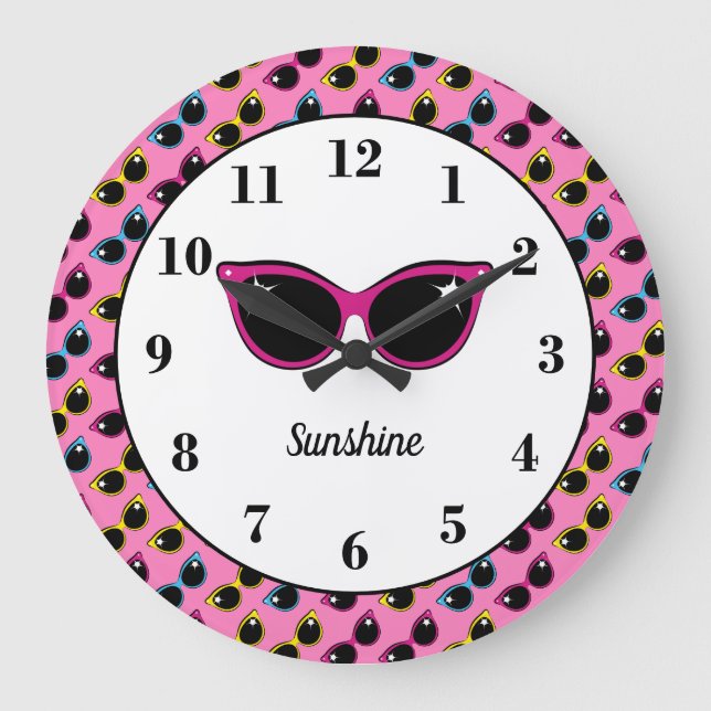 Reloj Redondo Grande Patrón de gafas de sol de gato retro Personalizado (Anverso)