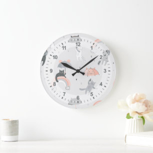 Reloj Redondo Grande Patrón de gatos con lluvia corta