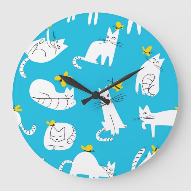 Reloj Redondo Grande Patrón de gatos y mariposas de juego (Anverso)