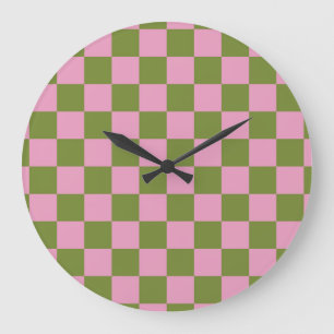 Reloj Redondo Grande Patrón de gingham a cuadros verde y rosa