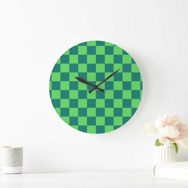 Reloj Redondo Grande Patrón de Gingham de Blue Green Checkered (Hogar)