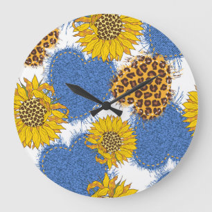 Reloj Redondo Grande Patrón de girasoles leopardos de los corazones de