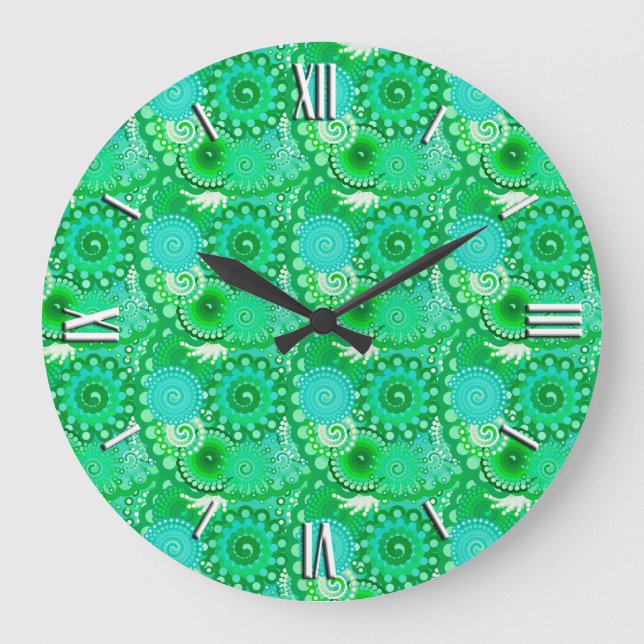 Reloj Redondo Grande Patrón de giro fractal, jade, turquesa, aqua (Anverso)