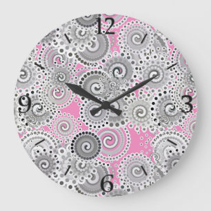 Reloj Redondo Grande Patrón de giro fractal, rosa y gris