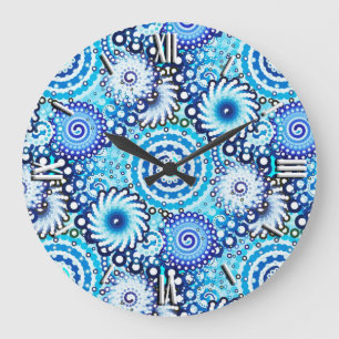 Reloj Redondo Grande Patrón de giro fractal, tonos azules