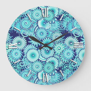 Reloj Redondo Grande Patrón de giro fractal, tonos de azul denim