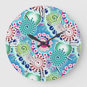 Reloj Redondo Grande Patrón de giro fractal, turquesa, rosa, múltiple