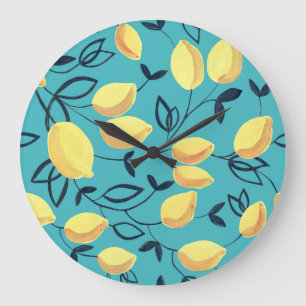 Reloj Redondo Grande Patrón de gouache de limón amarillo sobre turquesa