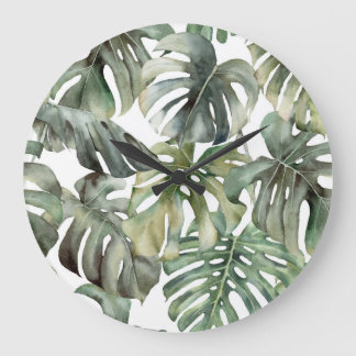 Reloj Redondo Grande Patrón de gran acuarela de monstera tropical