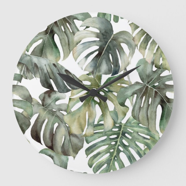 Reloj Redondo Grande Patrón de gran acuarela de monstera tropical (Anverso)