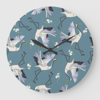 Reloj Redondo Grande Patrón de grúa, pájaro volador de Ilustracion.