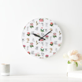 Reloj Redondo Grande Patrón de hadas rosadas florales y champiñones
