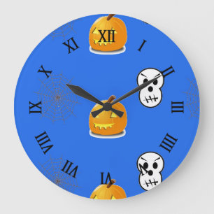 Reloj Redondo Grande Patrón de Halloween en azul