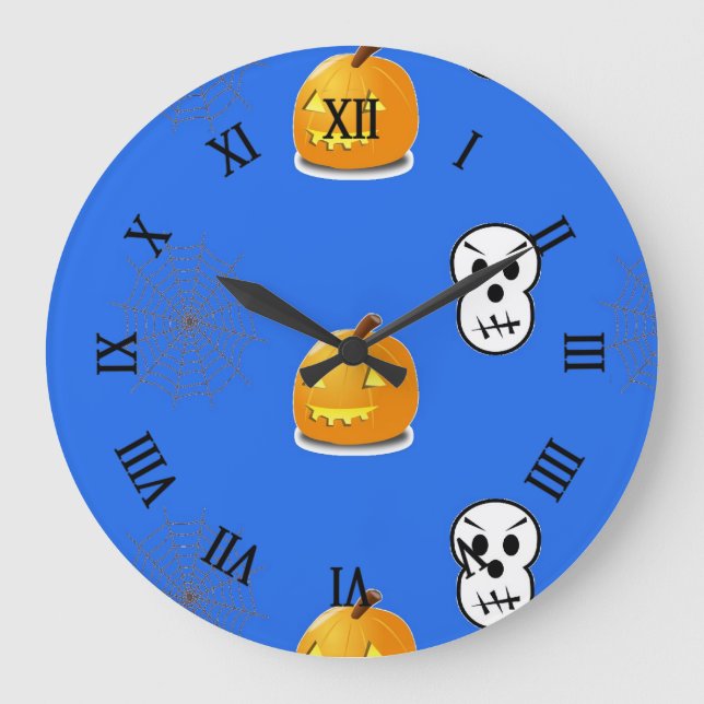 Reloj Redondo Grande Patrón de Halloween en azul (Anverso)