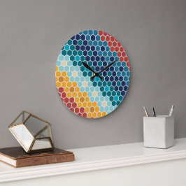 Reloj Redondo Grande Patrón de hexágono de mosaico retro-floral colorid