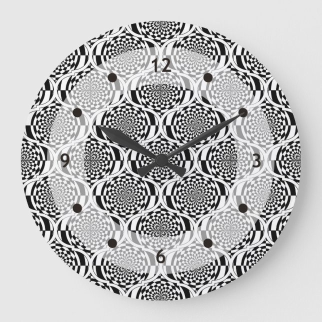 Reloj Redondo Grande Patrón de hipnosis blanco negro + tus ideas (Anverso)