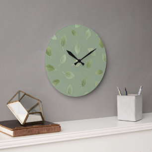 Reloj Redondo Grande Patrón de hoja de acuarela verde salvia