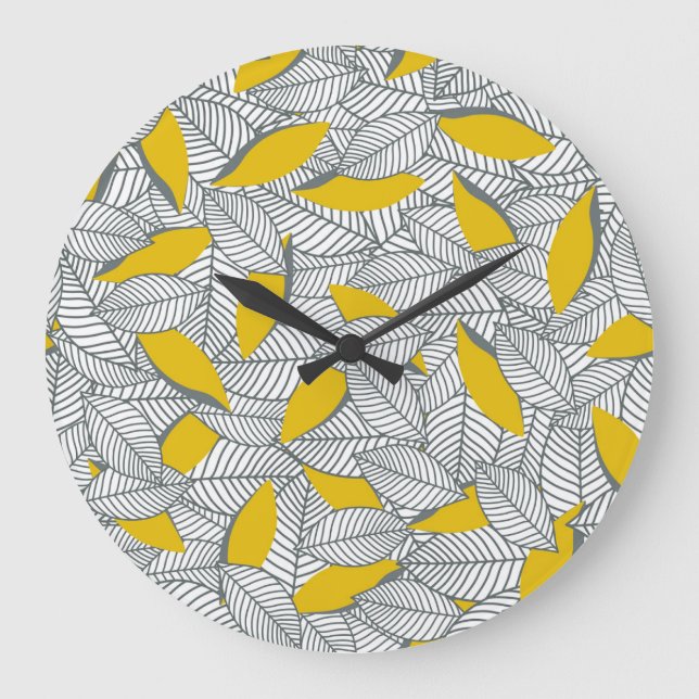 Reloj Redondo Grande Patrón de hoja gris y amarillo. (Anverso)