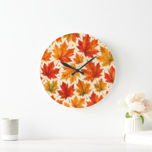 Reloj Redondo Grande Patrón de hojas de arce de otoño Hoja roja naran