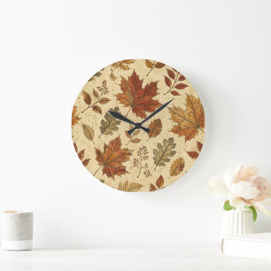 Reloj Redondo Grande Patrón de Hojas de Otoño – Botánica Otoñal Vintage