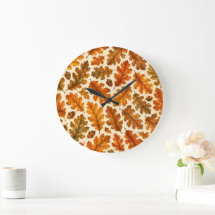 Reloj Redondo Grande Patrón de hojas de roble de otoño   Estética de la