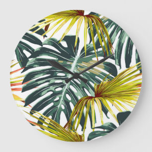 Reloj Redondo Grande Patrón de hojas de selva tropical vintage