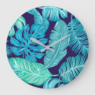 Reloj Redondo Grande Patrón de hojas tropicales verdes azules
