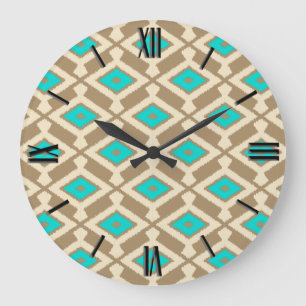 Reloj Redondo Grande Patrón de Ikat - Turquesa, Taupe y Beige