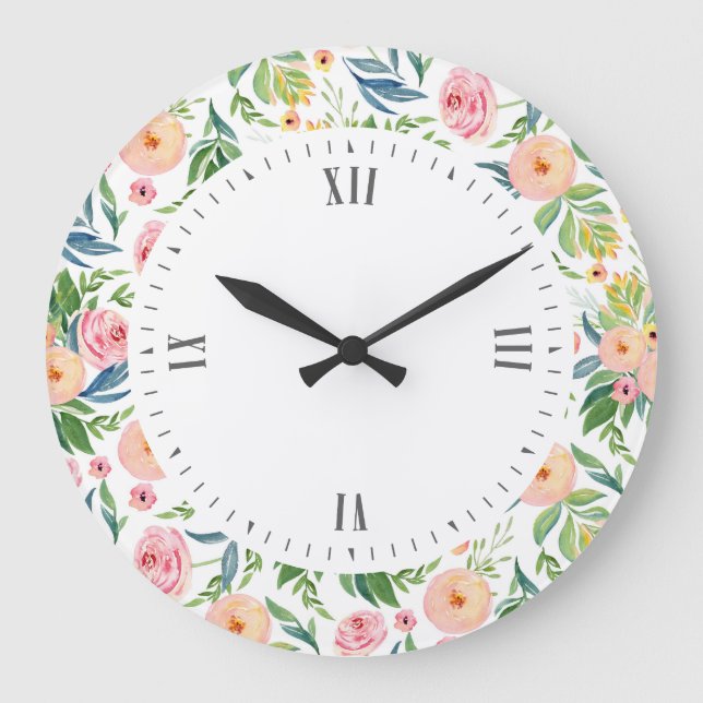Reloj Redondo Grande Patrón de ilustracion de las acuarelas de Peonies (Anverso)