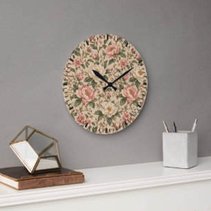 Reloj Redondo Grande Patrón de jardín de peonía y rosa romántica vintag