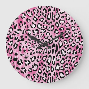 Reloj Redondo Grande Patrón de Leopardo Blanco Rosa.