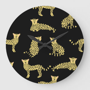 Reloj Redondo Grande Patrón de leopardo: chita de fondo negro
