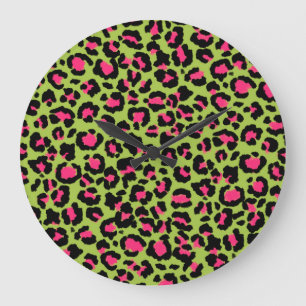 Reloj Redondo Grande Patrón de leopardo en frambuesa sobre verde lima