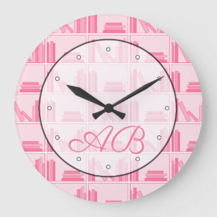 Reloj Redondo Grande Patrón de libros en rosa. Leyendo tema con inicia