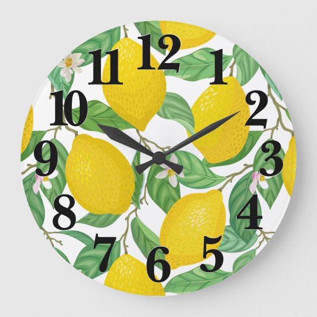 Reloj Redondo Grande Patrón de limón blanco verde amarillo (Anverso)