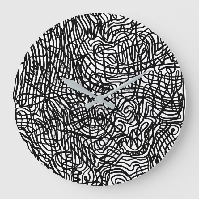 Reloj Redondo Grande Patrón de líneas blancas y negras abstractas (Anverso)