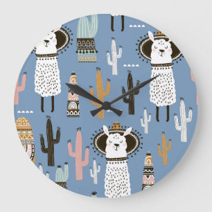 Reloj Redondo Grande Patrón de Llama, Cactus, Elementos dibujados a man