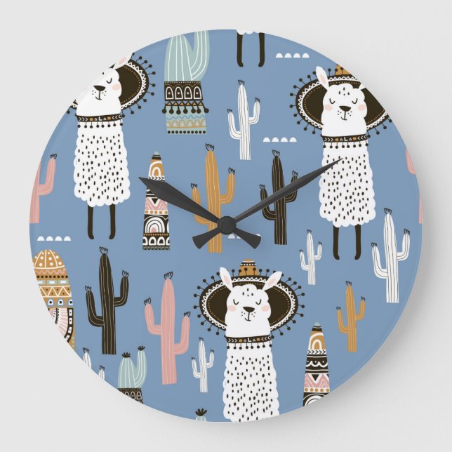 Reloj Redondo Grande Patrón de Llama, Cactus, Elementos dibujados a man (Anverso)