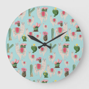 Reloj Redondo Grande Patrón de Llama y Cactus de Fiesta Cuta