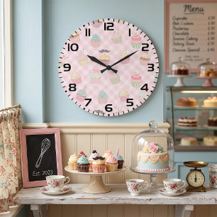 Reloj Redondo Grande Patrón de magdalenas lindas de gingham rosa pastel