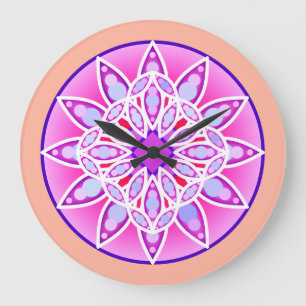 Reloj Redondo Grande Patrón de Mandala en lavanda, orquídea y coral