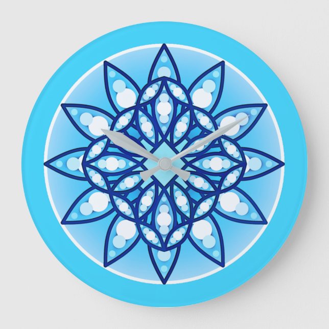 Reloj Redondo Grande Patrón de Mandala en turquesa, cobalto y blanco (Anverso)